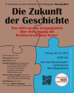 Einladung zur Podiumsdiskussin "Die Zunft der Geschichte'" am 18. Juli 2025 in der Aula des Deutschorden-Gymnasiums